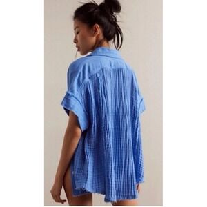 NWT Free People‎ We The Free Heat Waves Cotton Button Up Tunic Top XS Light Blue